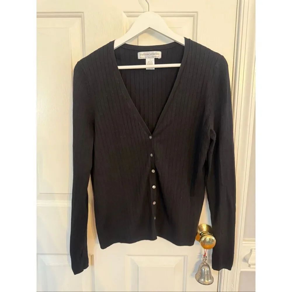 Sutton Studio for Bloomingdales Silk Ribbed Black Cardigan Sweater sz L EUC